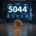 Bitcoin coin on a boardroom table with a digital leaderboard showing 5044 BTC vs 5000, mining rigs nearby