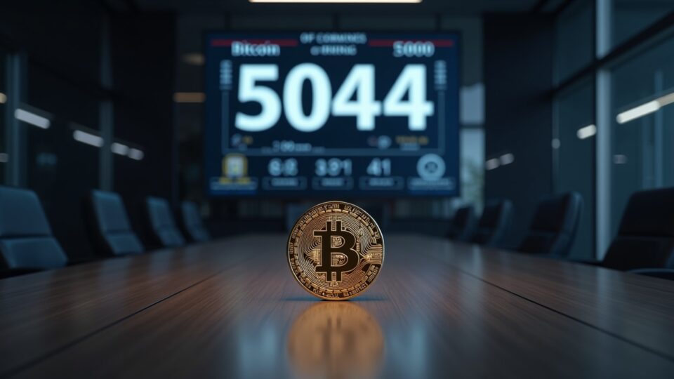 Bitcoin coin on a boardroom table with a digital leaderboard showing 5044 BTC vs 5000, mining rigs nearby