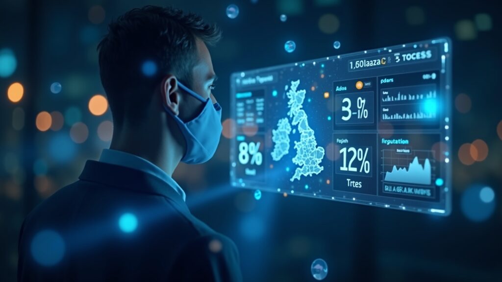 Photorealistic header: UK exec with a holographic crypto dashboard showing 8% and faded 12%, regulatory papers and UK flag.