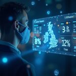 Photorealistic header: UK exec with a holographic crypto dashboard showing 8% and faded 12%, regulatory papers and UK flag.