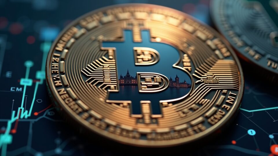 Close-up of a crypto coin reflecting the UK Parliament under newsroom lighting, symbolizing regulatory momentum and retail debate.