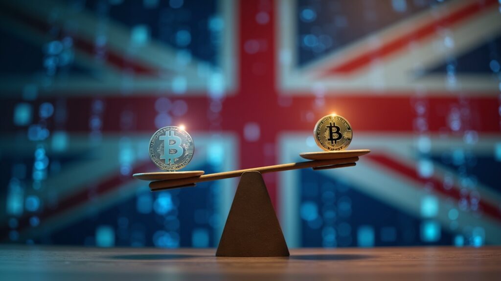 Photorealistic newsroom: a businessperson balances crypto icons and traditional finance symbols on scales and UK-flag