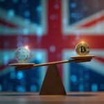 Photorealistic newsroom: a businessperson balances crypto icons and traditional finance symbols on scales and UK-flag