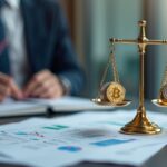 Photorealistic desk with crypto icons, papers, and a balance scale, illustrating UK crypto regulation and FCA oversight