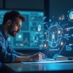 Analyst at a newsroom desk studies a holographic crypto-regulation roadmap with a UK flag and coin icons.