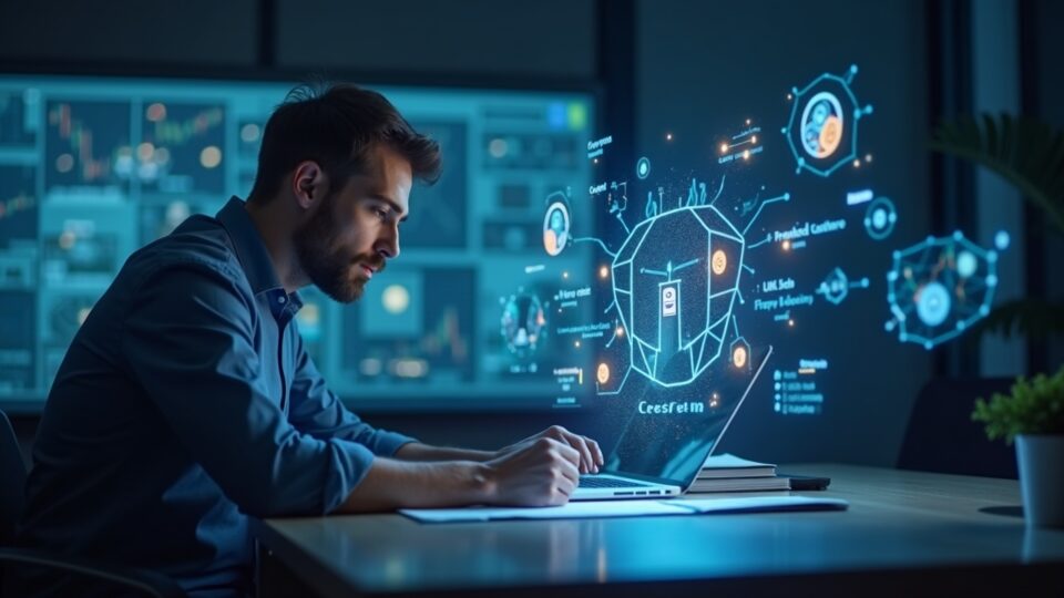 Analyst at a newsroom desk studies a holographic crypto-regulation roadmap with a UK flag and coin icons.
