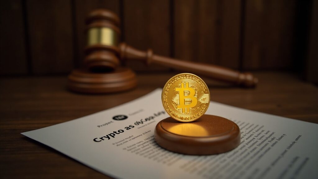 UK Parliament chamber with a glowing crypto coin over a legal document and gavel, symbolizing digital assets recognition.