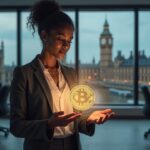 Diverse UK lawmaker presents a stablecoin hologram over a pro-innovation regulatory blueprint, Parliament in the background.