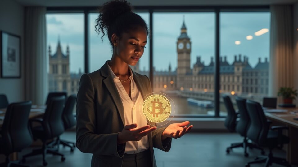 Diverse UK lawmaker presents a stablecoin hologram over a pro-innovation regulatory blueprint, Parliament in the background.