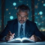 Photoreal image of a UK regulator at a desk, reviewing a digital rulebook with glowing DeFi protocols in the background.