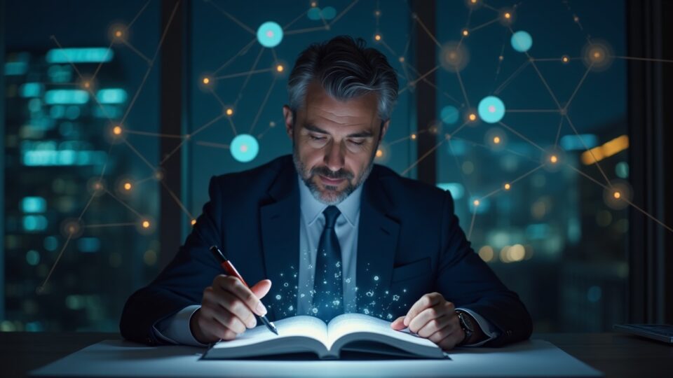 Photoreal image of a UK regulator at a desk, reviewing a digital rulebook with glowing DeFi protocols in the background.