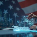 Photorealistic scene: congress staffer reviews staking tax documents beside a holographic blockchain, with a blurred U.S. flag.
