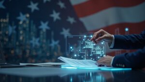 Photorealistic scene: congress staffer reviews staking tax documents beside a holographic blockchain, with a blurred U.S. flag.