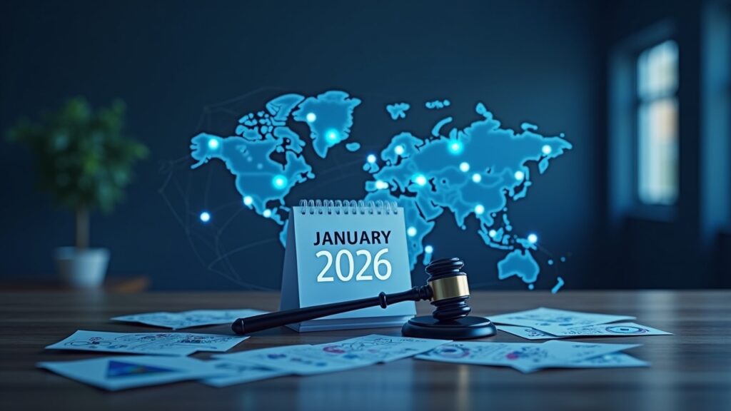 Photorealistic newsroom header showing January 2026 calendar, blockchain map, gavel and stablecoin logo.