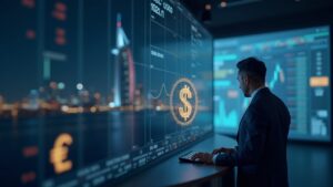 Photorealistic header: a financial professional on a trading floor with a USDt badge, Abu Dhabi skyline, and AFRT insignia.