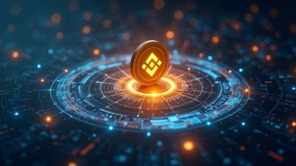 Photorealistic USD1 coin orbiting a bold Binance logo with digital reserves flowing into a futuristic DeFi hub.