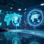 Business leader in a fintech newsroom with USDC and Arc holograms bridging fiat and digital rails over a glowing world map.