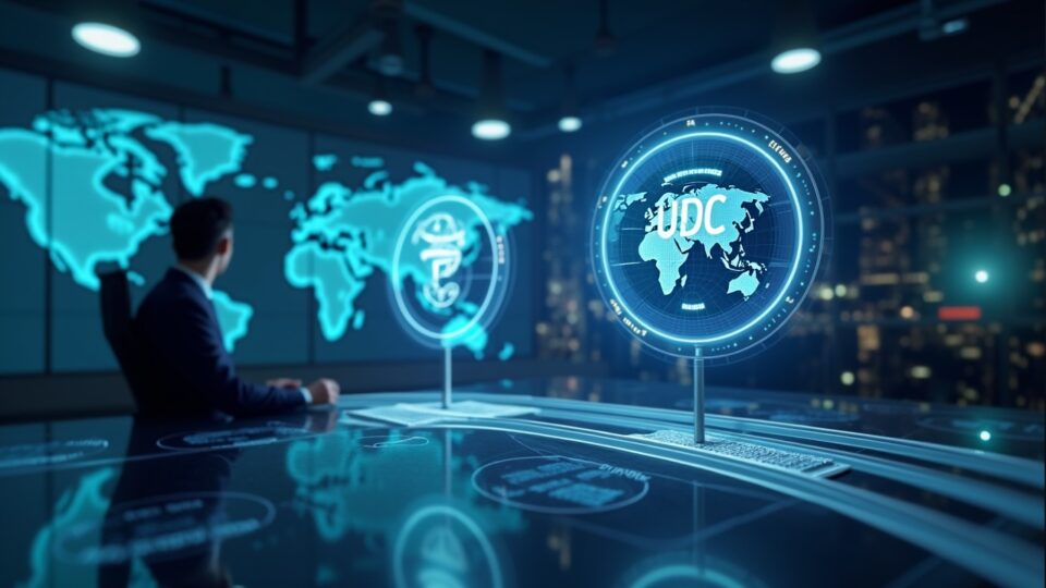 Business leader in a fintech newsroom with USDC and Arc holograms bridging fiat and digital rails over a glowing world map.