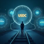 Photorealistic executive with a glowing USDC logo, connected by digital rails to TurboTax, QuickBooks, and Credit Karma icons.