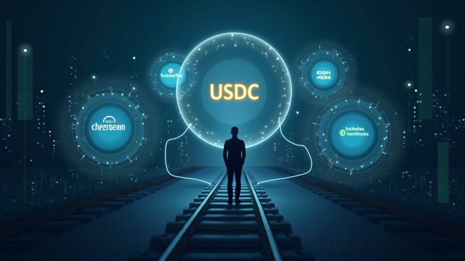 Photorealistic executive with a glowing USDC logo, connected by digital rails to TurboTax, QuickBooks, and Credit Karma icons.