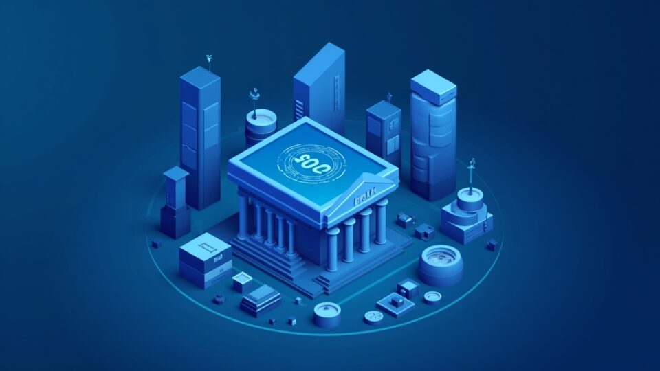 Photorealistic federal banking hub with USDGO emblem, Anchorage Digital and OSL branding, and multi-chain tokens.