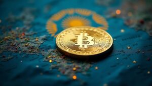 Hyperrealistic gold-backed USDKG token over a digital world map with Kyrgyz flag, symbolizing cross-border payments modernization.