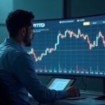 Professional in a modern office reviews a crypto ETF dashboard with BITB, HODL, XRP, SOL; Vanguard branding visible.