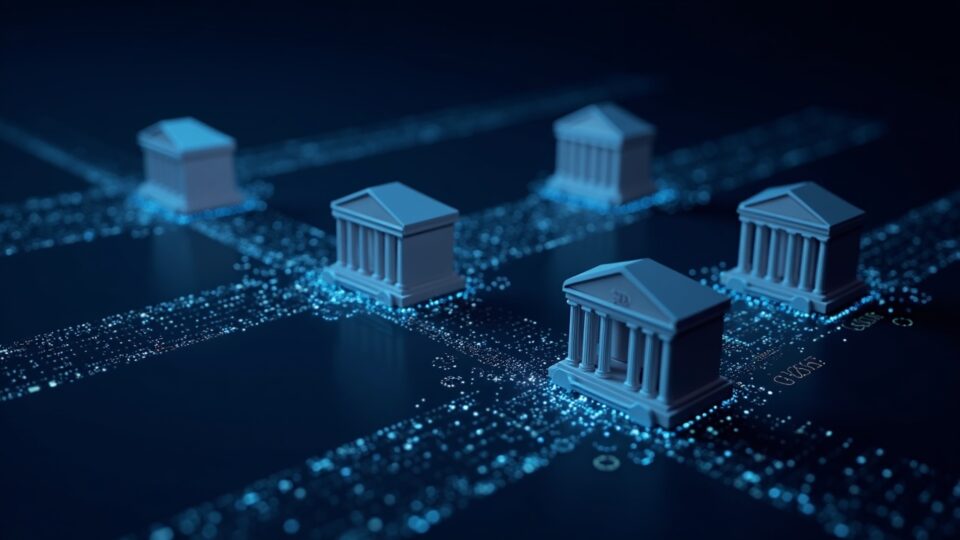 Photorealistic scene of U.S. banks connected by glowing digital rails carrying USDC, illustrating near real-time settlement.