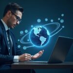 Photorealistic newsroom with a suited executive; holographic stablecoins orbit a digital globe as blue rails link nations.