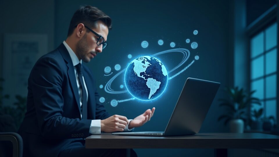 Photorealistic newsroom with a suited executive; holographic stablecoins orbit a digital globe as blue rails link nations.