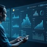Finance professional reviews a dashboard of real-world assets with subtle blockchain overlays, signaling Web3 crowdlending.