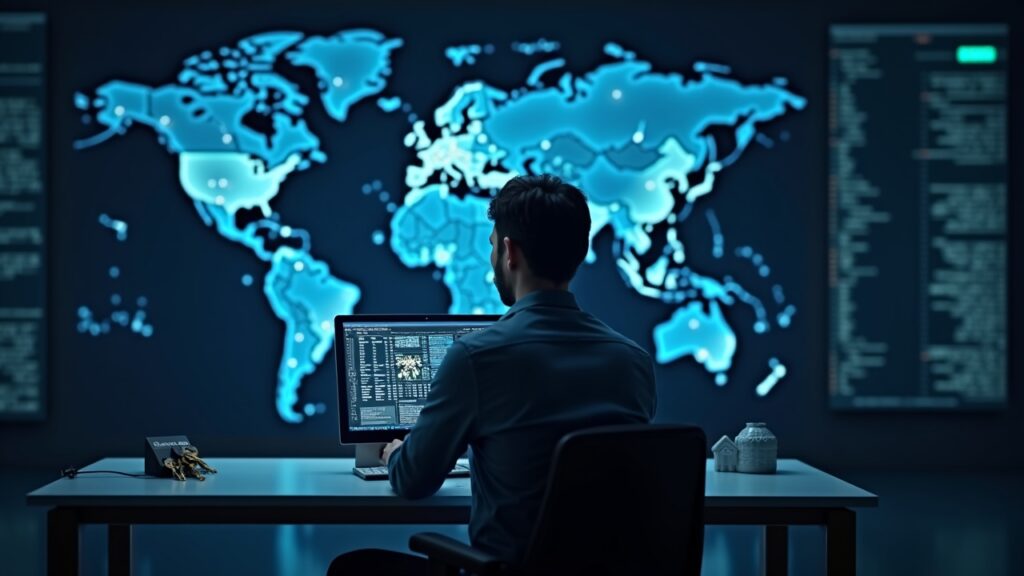 Realistic newsroom with a security analyst at a high-tech desk, holographic keys, and a world map highlighting North Korea.