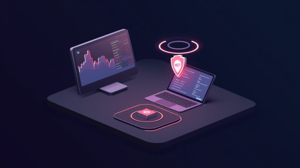 Futuristic trading desk with a WLFI shard, price chart, and a USD1 halo signaling DeFi adoption and 2026 RWA launches.