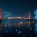 Photorealistic newsroom with an analyst beside a glowing cross-chain bridge for Wrapped XRP liquidity, coins flowing.