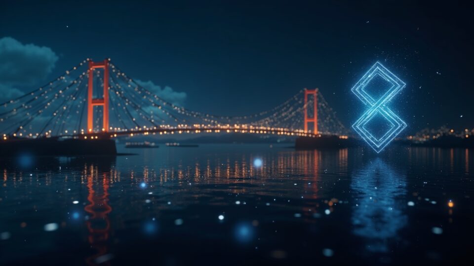 Photorealistic newsroom with an analyst beside a glowing cross-chain bridge for Wrapped XRP liquidity, coins flowing.