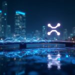 Photorealistic scene of wXRP bridging onto Solana, with custody logos and glowing DeFi liquidity pools in a sleek newsroom.