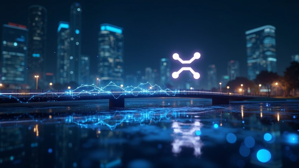 Photorealistic scene of wXRP bridging onto Solana, with custody logos and glowing DeFi liquidity pools in a sleek newsroom.