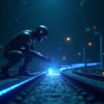 Photorealistic AI agent paying a merchant in USDC over a glowing x402 payment rail.