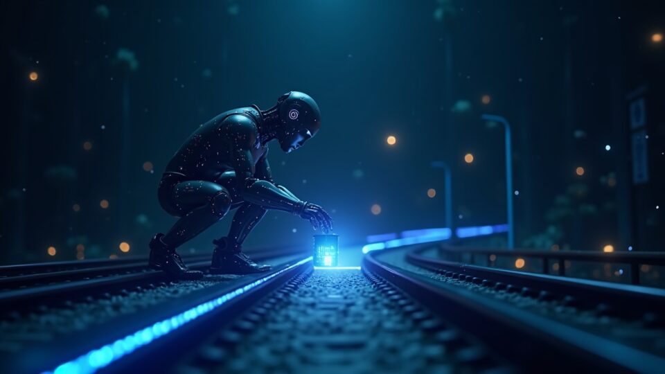 Photorealistic AI agent paying a merchant in USDC over a glowing x402 payment rail.