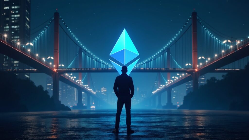 Photorealistic trader before a cross-chain bridge linking Ethereum and Solana, symbolizing 1:1 tokenized stocks under CCIP custody.
