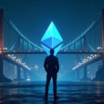 Photorealistic trader before a cross-chain bridge linking Ethereum and Solana, symbolizing 1:1 tokenized stocks under CCIP custody.
