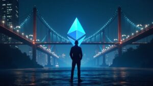 Photorealistic trader before a cross-chain bridge linking Ethereum and Solana, symbolizing 1:1 tokenized stocks under CCIP custody.