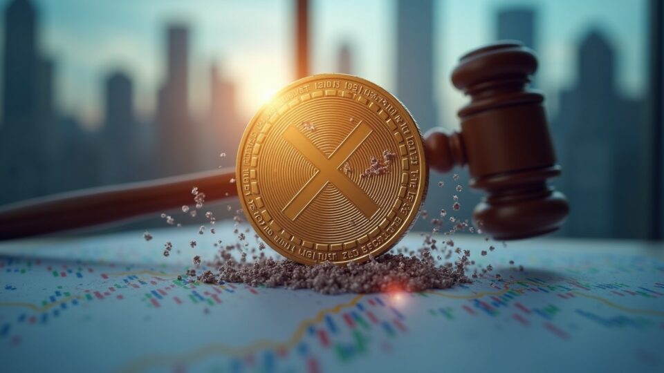 XRP coin breaking through legal documents as a gavel dissolves into digital particles, with rising charts and skyline.
