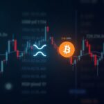 Photorealistic image showing XRP and Bitcoin logos on a digital price chart, XRP heading toward a 2.05 retest with a downtrend line