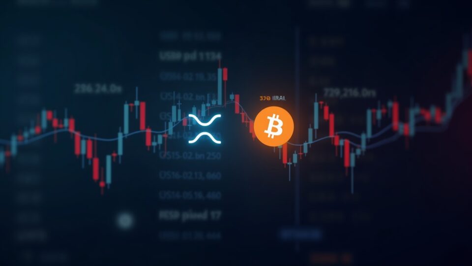 Photorealistic image showing XRP and Bitcoin logos on a digital price chart, XRP heading toward a 2.05 retest with a downtrend line