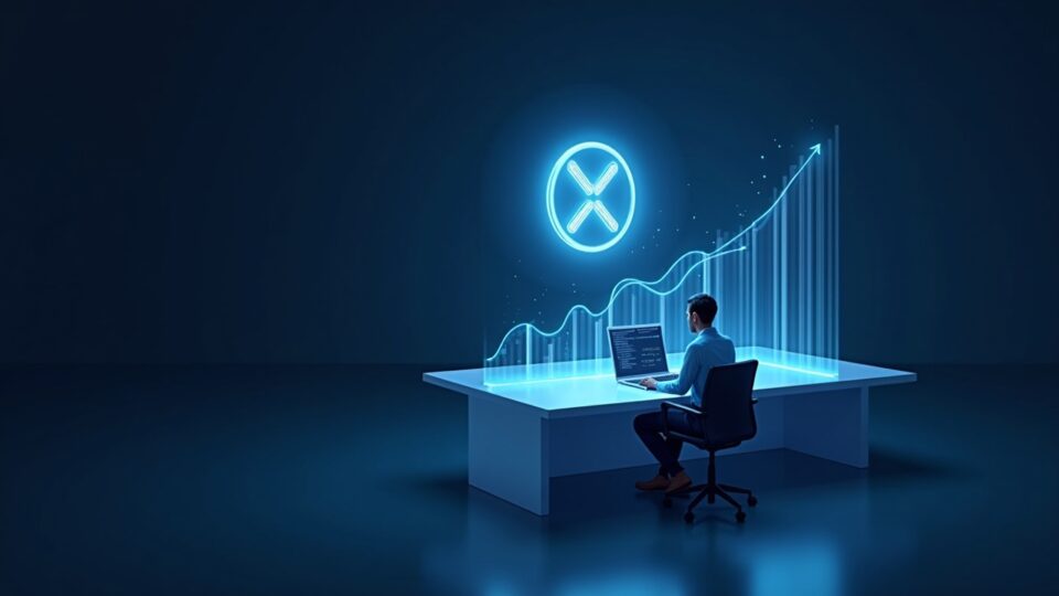 Photorealistic analyst at a sleek desk with holographic XRP token and rising inflow chart, crypto market backdrop.