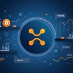 Photorealistic header: XRP logo centered, thinning exchange shelves, Bitcoin chart, ETF inflow arrows, courthouse motifs.