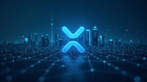 XRP logo centered over a modern bank skyline with network lines, signaling institutional liquidity and ODL.