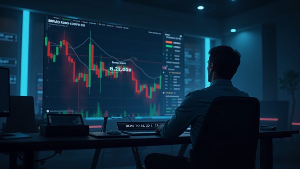 Photorealistic newsroom with a trader at a desk; XRP price chart shows a loading pause and error, signaling data disruption.