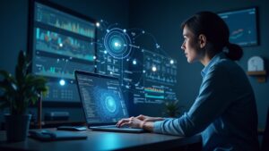 Photorealistic newsroom with an analyst studying holographic XRP and Stellar graphs, showing cross-border rails and regulatory icons.